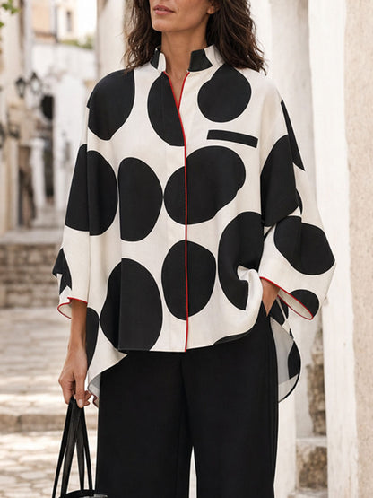 Polka-Dot Contrast Color Three-quarter Sleeves Loose Stand Collar Blouses&shirts Tops