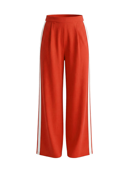 High Waisted Loose Contrast Color Pleated Pockets Split-Joint Striped Pants Trousers