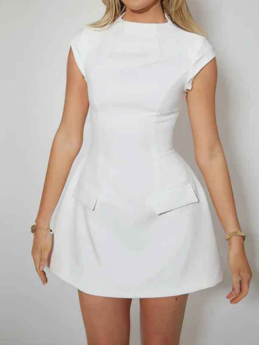 A-Line High Waisted Pockets Solid Color Split-Joint Mock Neck Mini Dresses