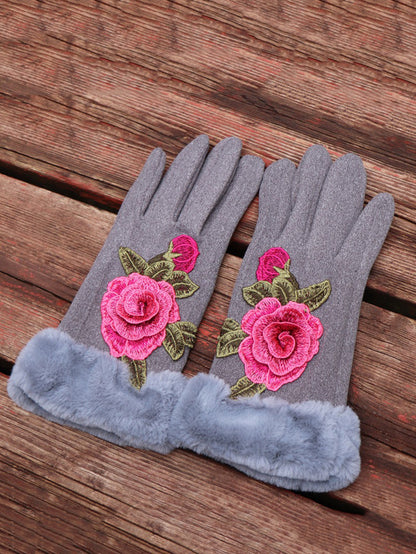Women Artsy Winter Embroidery Fleece-lined Gloves