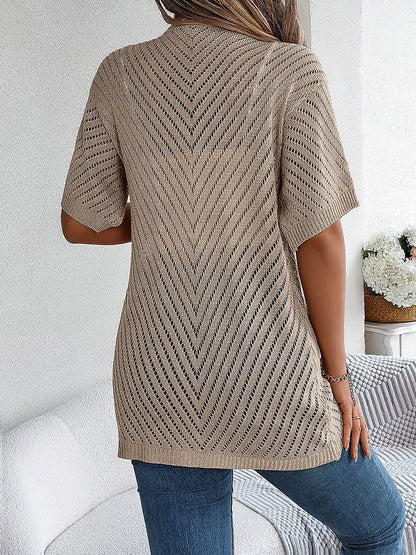 Half Sleeves Loose Hollow Solid Color Cardigan Tops