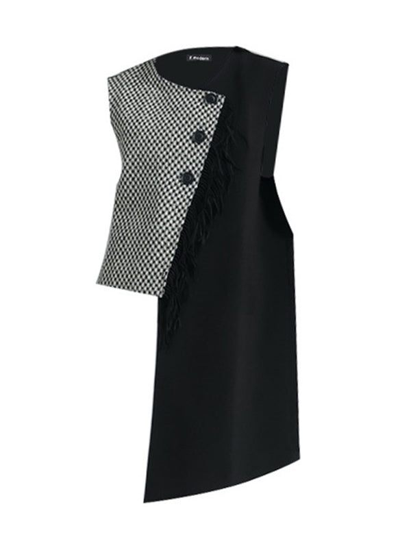 Ruffle Sleeves Sleeveless Asymmetric Buttoned Houndstooth Vest Outerwear