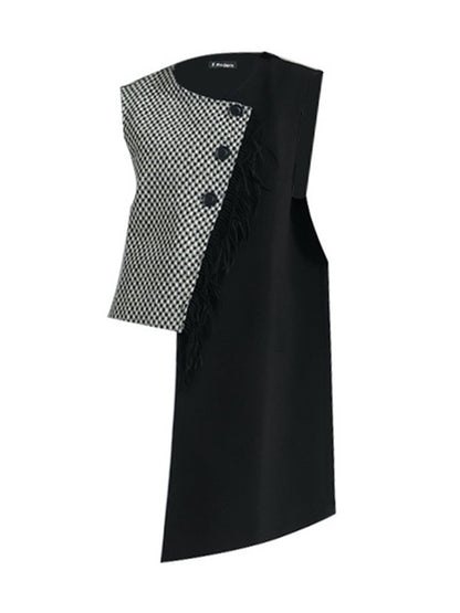 Ruffle Sleeves Sleeveless Asymmetric Buttoned Houndstooth Vest Outerwear