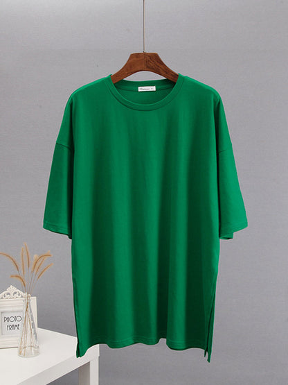 Loose Short Sleeves Solid Color Split-Side Round-Neck T-Shirts Tops