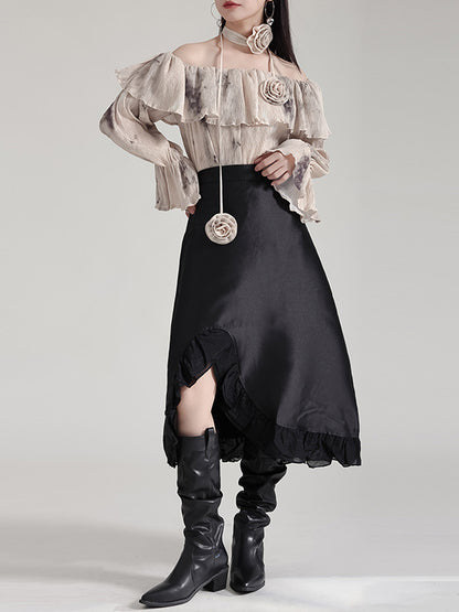 High Waisted Asymmetric Ruffled Solid Color Split-Joint Skirts Bottoms