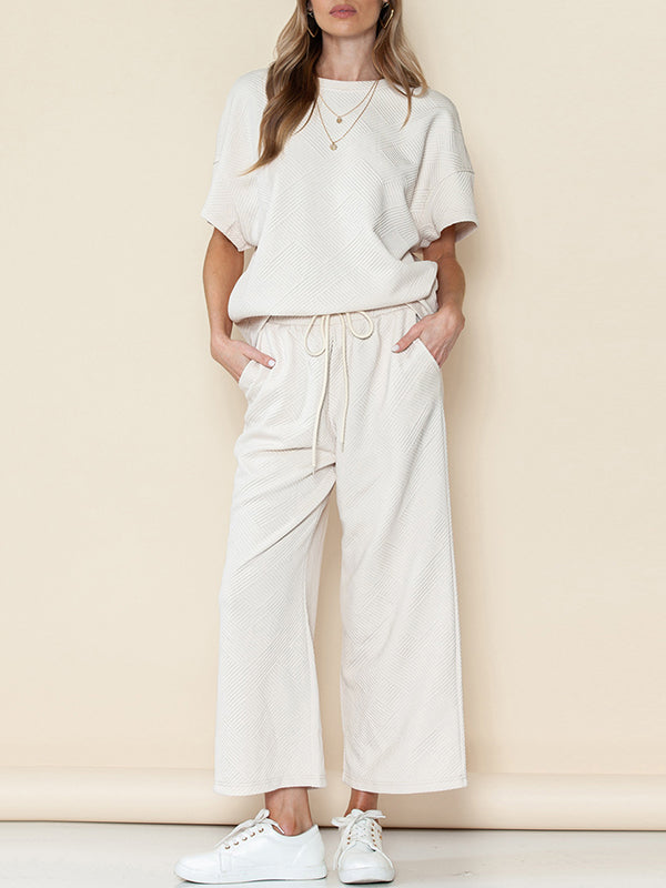 Loose Short Sleeves Solid Color Round-Neck T-Shirt Top + Drawstring Elasticity Pockets Pants Botttom Two Pieces Set