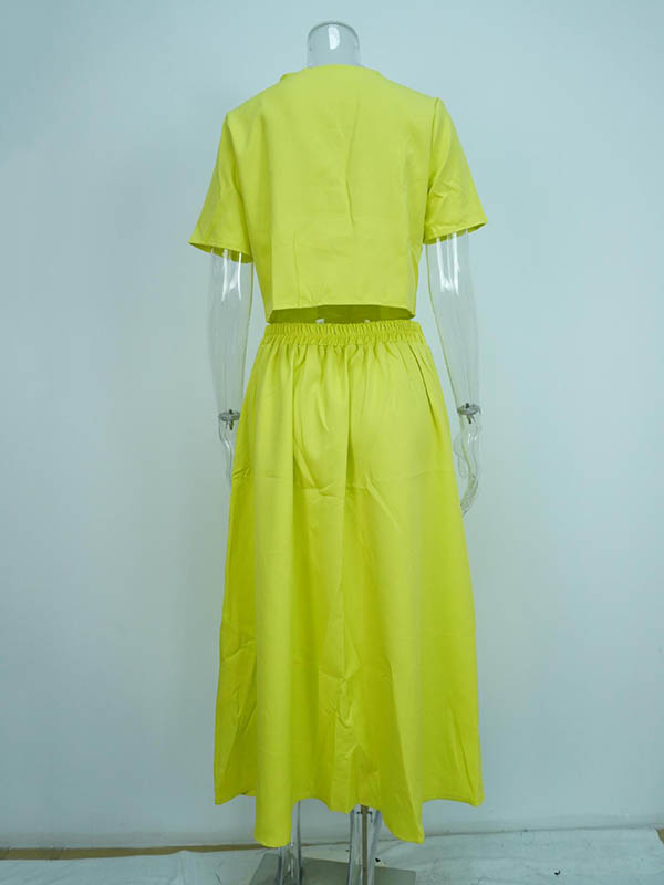 Loose Split-Joint Round-Neck Blouses + A-Line Skirts Two Pieces Set