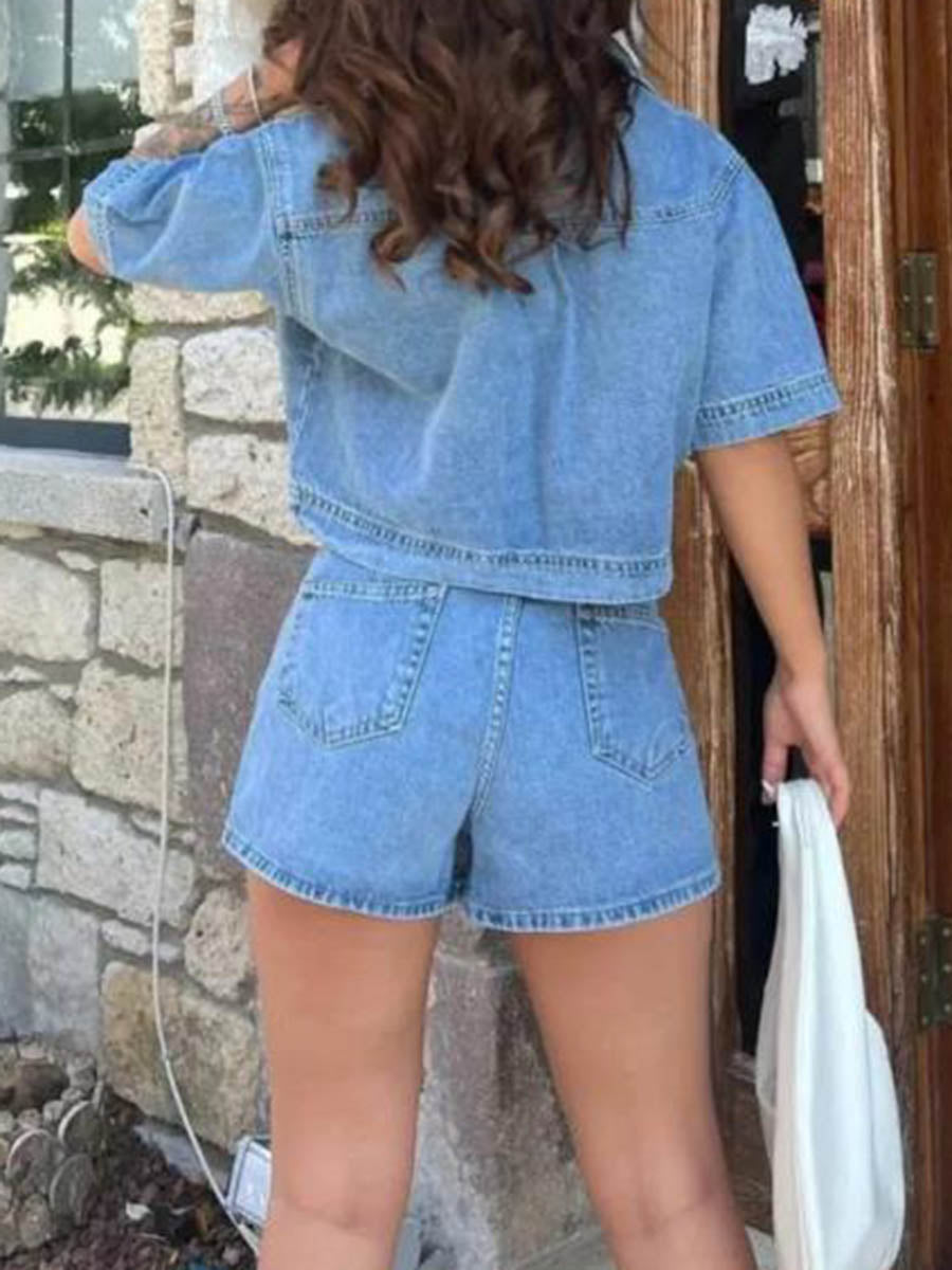 Lapel Short Sleeves Cropped Blouses&Shirts Tops + Buttoned Pockets Asymmetric Denim Shorts Two Pieces Set