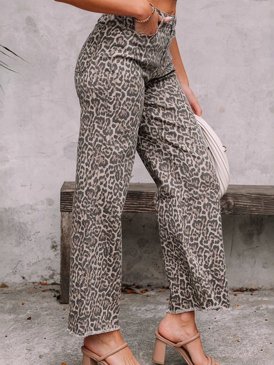 High Waisted Leopard Pockets Jean Pants Bottoms