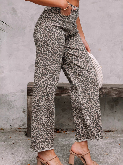 High Waisted Leopard Pockets Jean Pants Bottoms