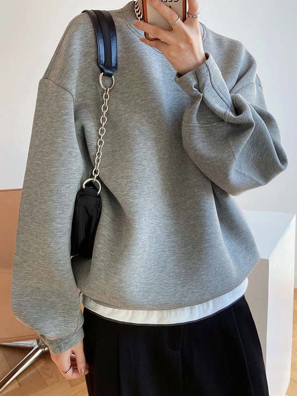 Long Sleeves Loose Solid Color Round-Neck Sweatshirt Tops