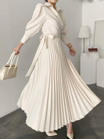 Asymmetric Pleated Solid Color Lapel Maxi Dresses Shirt Dress