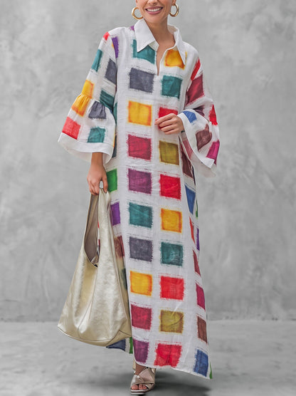Flared Sleeves Long Sleeves Contrast Color Printed Split-Back Split-Joint Lapel Maxi Dresses