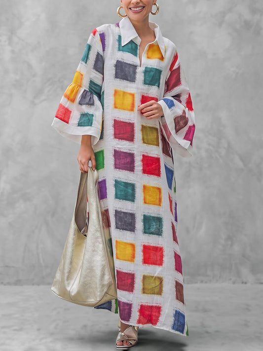 Flared Sleeves Long Sleeves Contrast Color Printed Split-Back Split-Joint Lapel Maxi Dresses