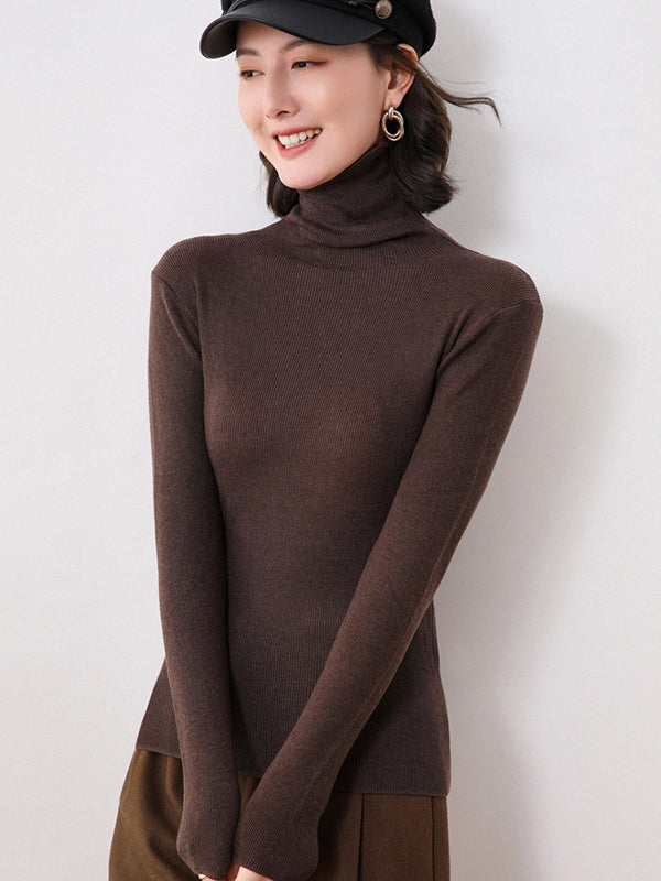 Simple Skinny Long Sleeves Solid Color High-Neck Sweater Tops Pullovers