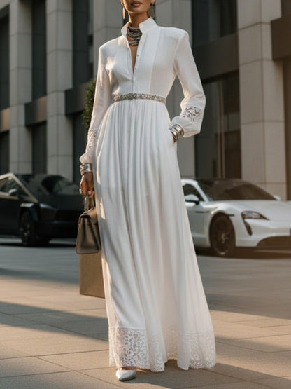 A-Line High Waisted Buttoned Hollow No Belt Pleated Pockets Solid Color Split-Joint Stand Collar Maxi Dresses Shirt Dress