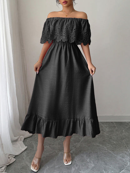 A-Line High Waisted Pleated Ruffled Solid Color Split-Joint Off-the-shoulder Midi Dresses