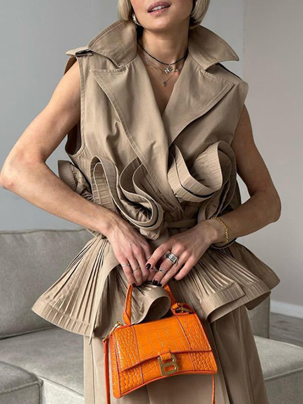 Loose Sleeveless Buttoned Pleated Ruffled Solid Color Tied Waist Notched Collar Blouses&Shirts Tops