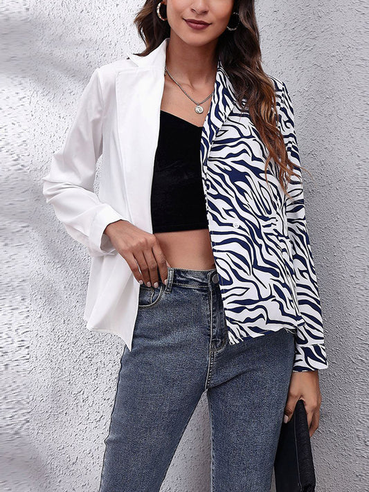Long Sleeves Loose Contrast Color Split-Joint Zebra-Stripe Lapel Blouses