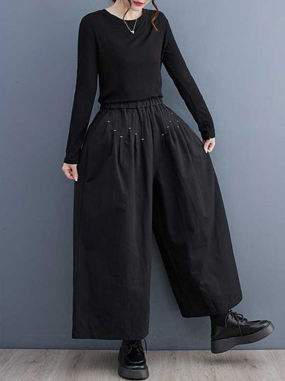 Loose Wide Leg Elasticity Embroidered Pleated Ninth Pants Trousers