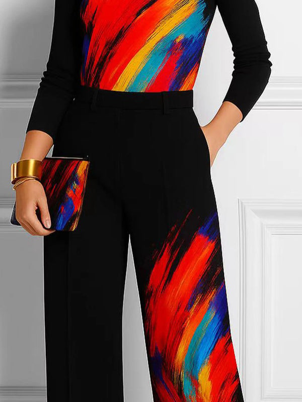Wide Leg Contrast Color Pockets Printed Pants Trousers