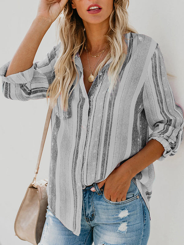 High-Low Long Sleeves Buttoned Pockets Striped Lapel Blouses&Shirts Tops