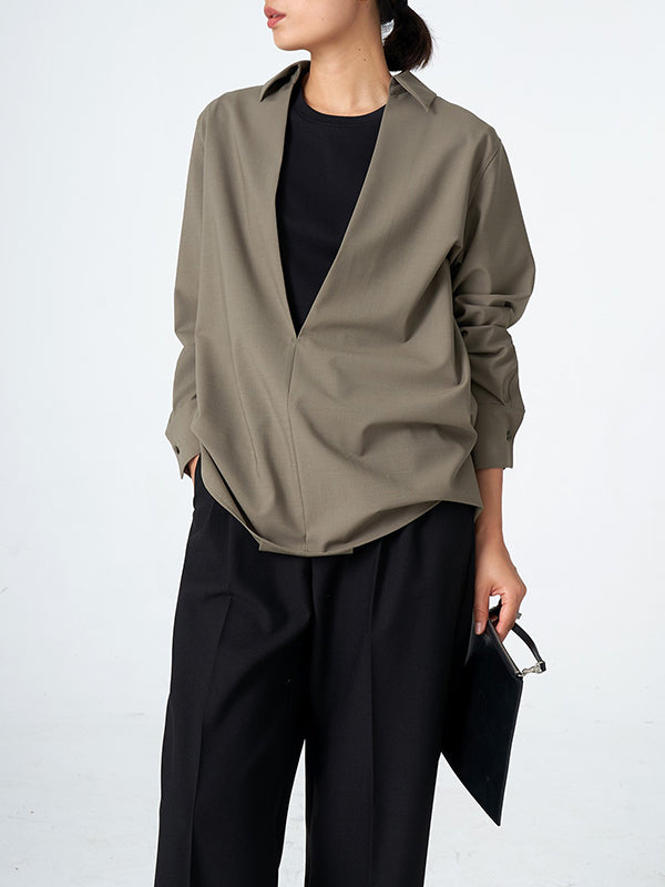 Long Sleeves Loose Solid Color Deep V-Neck Blouses&Shirts Tops