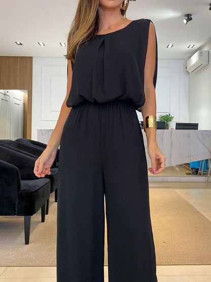 High-Low Wide Leg Backless Hollow Solid Color Round-Neck Jumpsuits Bottoms