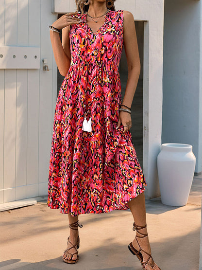 A-Line Loose Contrast Color Printed Split-Joint V-Neck Maxi Dresses