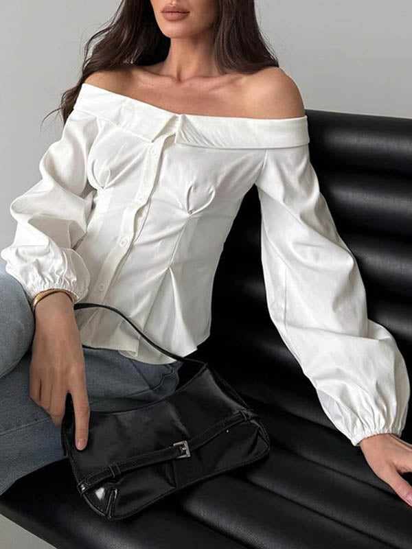 Long Sleeves Loose Buttoned Elasticity Pockets Solid Color Off-The-Shoulder Blouses&Shirts Tops