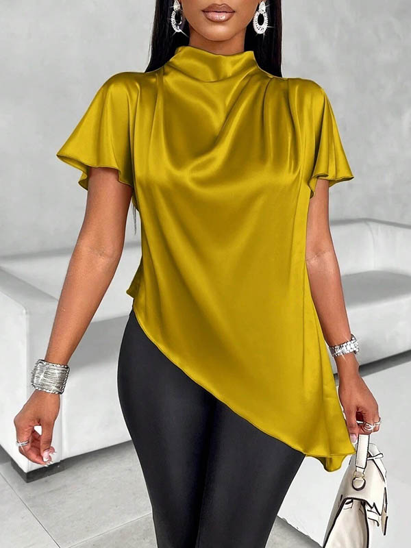 Loose Short Sleeves Asymmetric Solid Color Mock Neck Blouses&Shirts Tops
