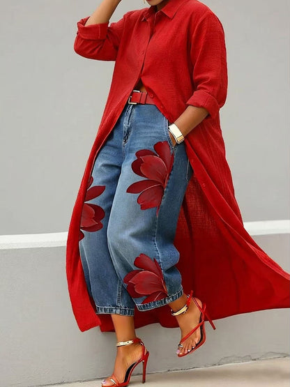 Loose Wide Leg Flower Print No Belt Pockets Jean Pants Bottoms Ninth Pants