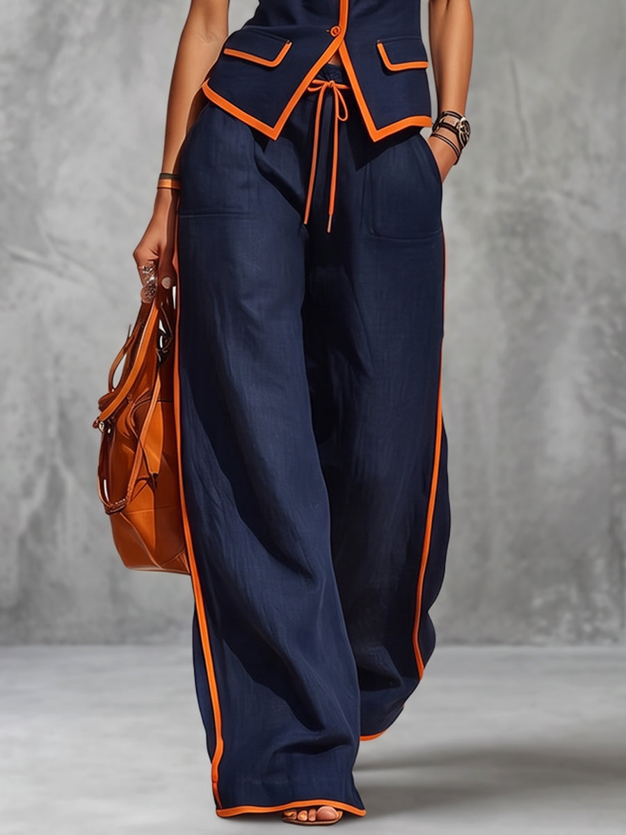 High Waisted Wide Leg Contrast Color Drawstring Pockets Pants Trousers