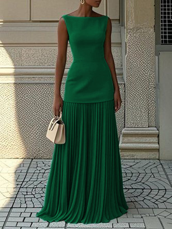 Sleeveless Gauze Pleated Solid Color Split-Joint Boat Neck Evening Dresses Maxi Dresses
