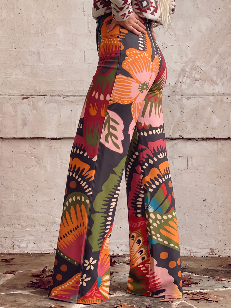 Printed Pockets Buttoned Wide Leg Plus Size Trousers Pants