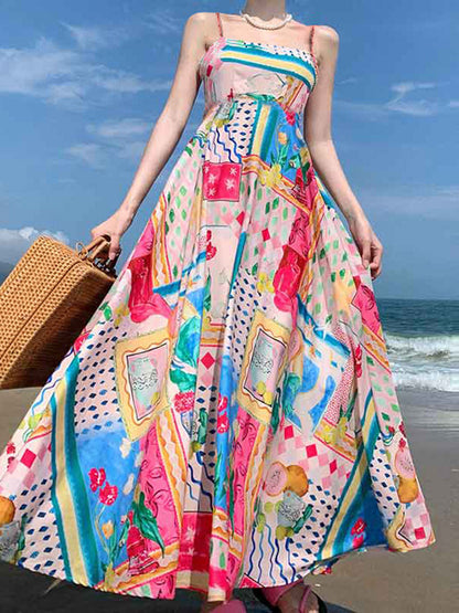 A-Line High Waisted Contrast Color Pleated Printed Split-Joint Spaghetti-Neck Midi Dresses