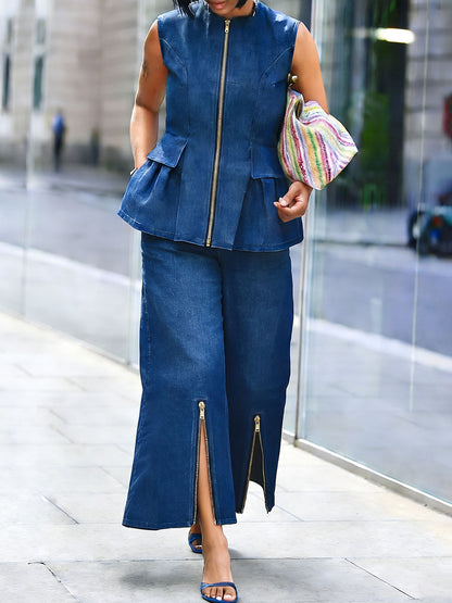 Zipper Solid Color Pockets Wide Leg Cropped Jean Pants Bottoms