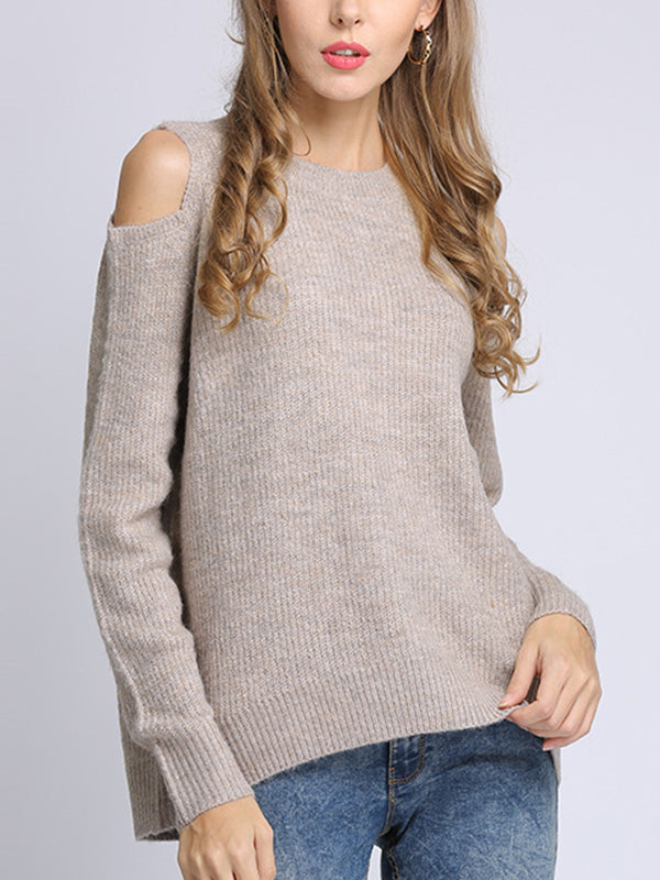 Long Sleeves Loose Hollow Solid Color Round-Neck Knitwear Pullovers Sweater Tops