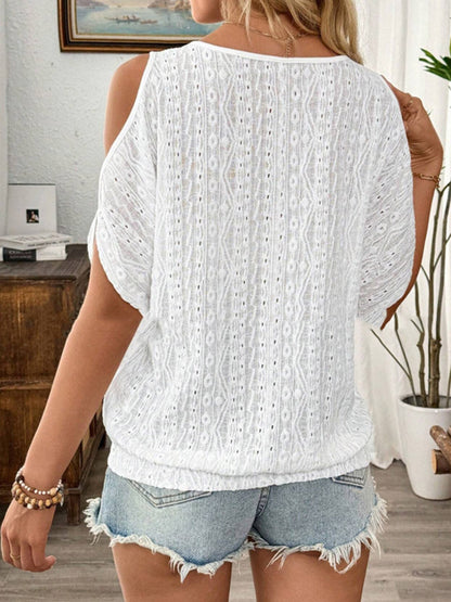 Loose Short Sleeves Solid Color Split-Joint Textured Cold Shoulder Blouses&Shirts Tops