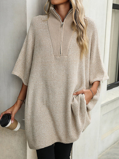 Loose Three-Quarter Sleeves Split-Joint Zipper V-Neck Sweater Tops