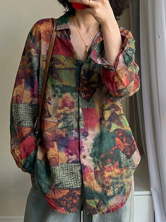 Plus Size Women Ethnic Flower Turn-down Collar Long Sleeve Shirt