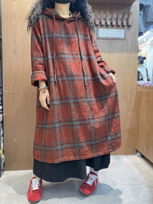 Plus Size Women Vintage Plaid Loose Hooded Dress