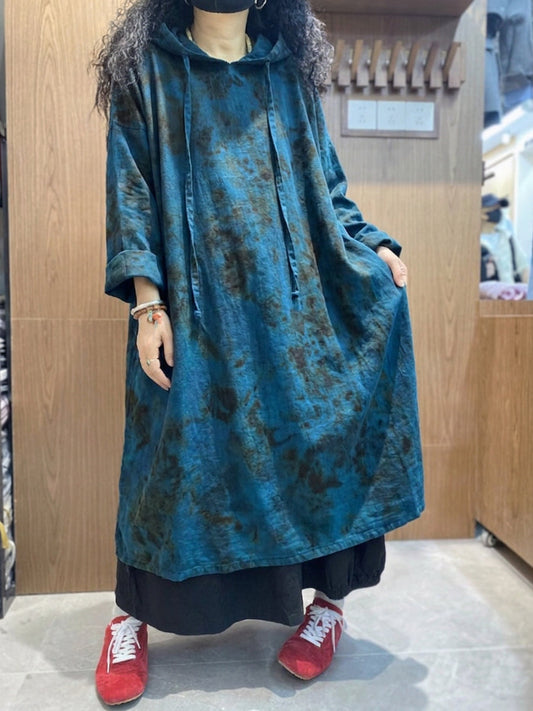 Plus Size Women Spring Casual Tie-dye Loose Hooded Dress