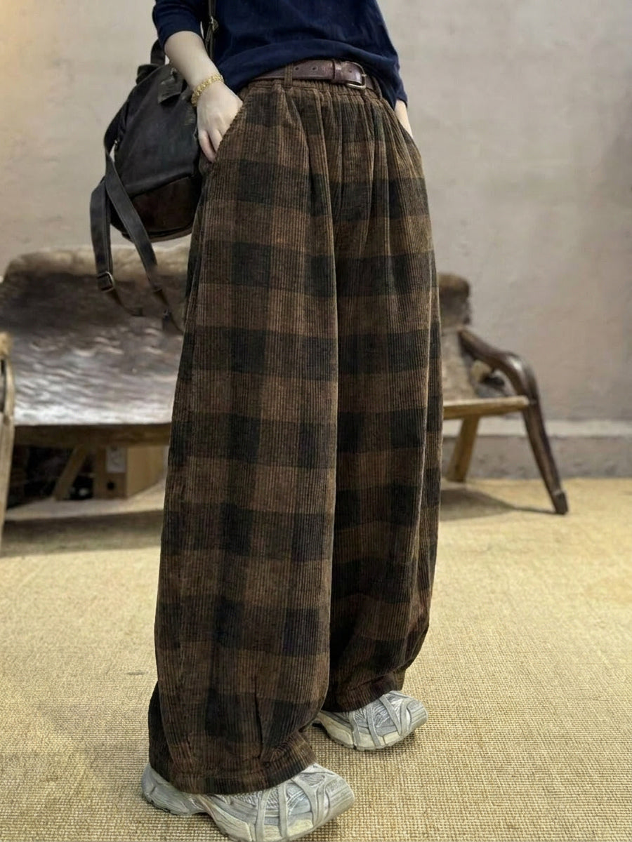 Plus Size Women Retro Plaid Corduroy Loose Wide-leg Pants