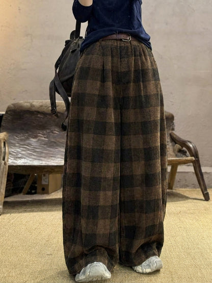 Plus Size Women Retro Plaid Corduroy Loose Wide-leg Pants