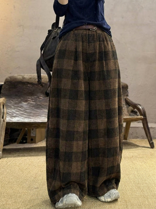 Plus Size Women Retro Plaid Corduroy Loose Wide-leg Pants