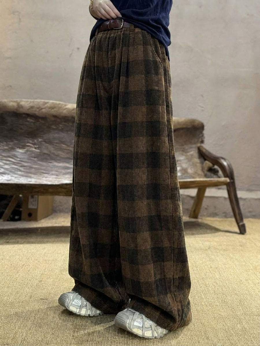 Plus Size Women Retro Plaid Corduroy Loose Wide-leg Pants