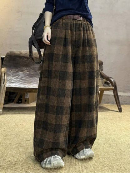 Plus Size Women Retro Plaid Corduroy Loose Wide-leg Pants