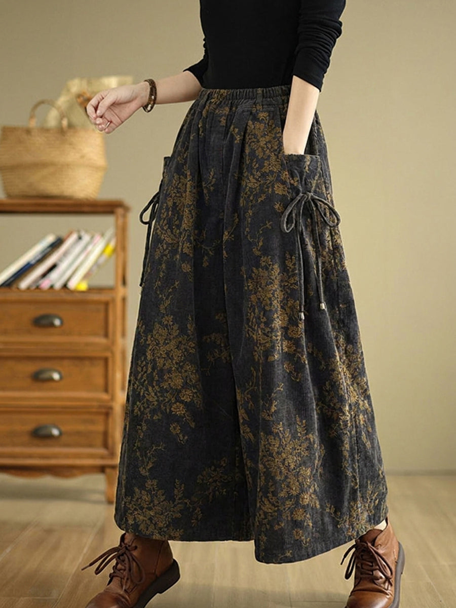 Plus Size Women Retro Flower Cotton Wide-leg Pants