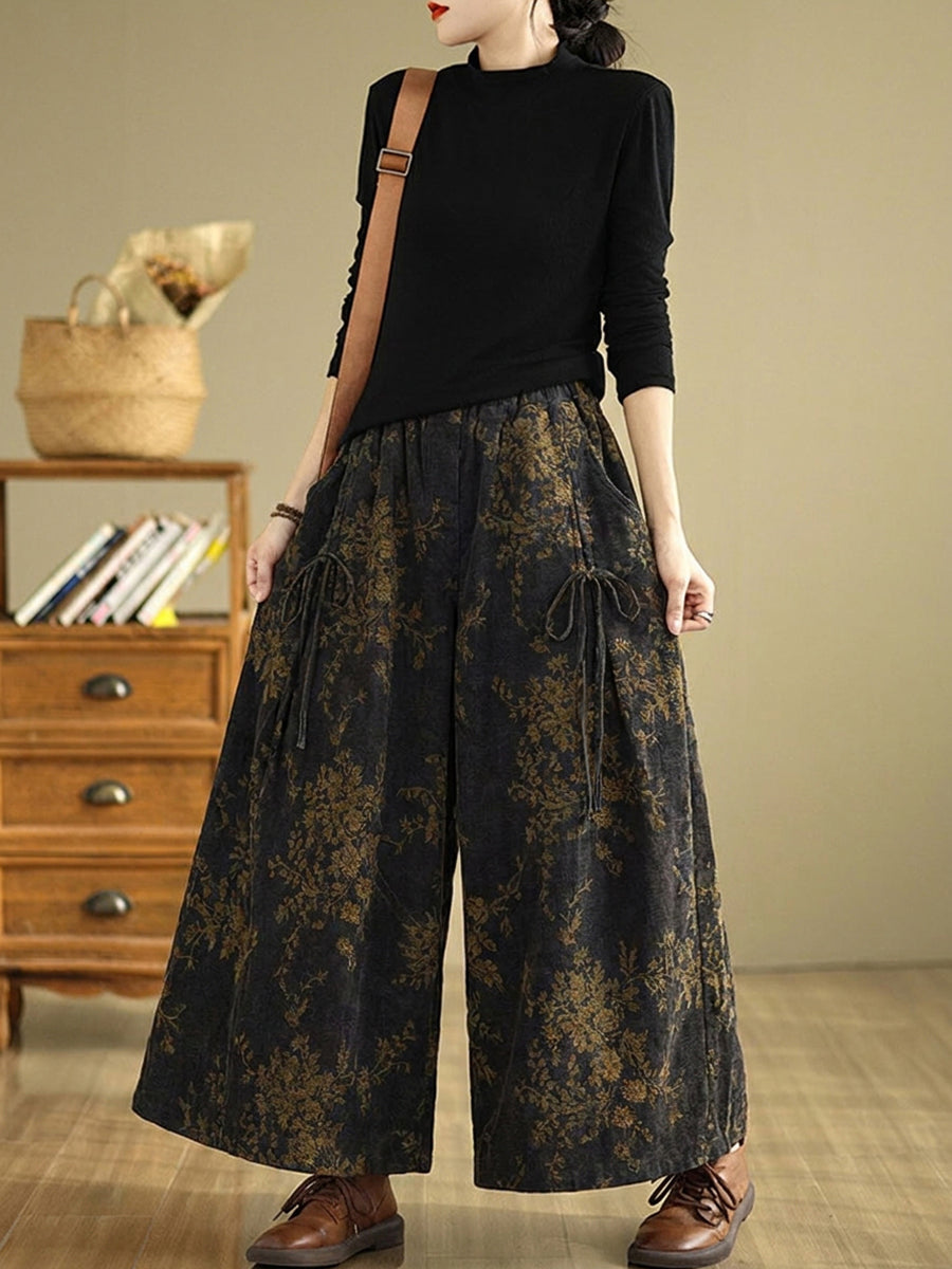 Plus Size Women Retro Flower Cotton Wide-leg Pants